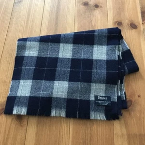 Drakes Gray Navy Black Check Wool stole Scarf Fringe Made in Scotland FromJapan - Picture 1 of 1
