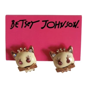Aretes vintage Betsey Johnson gatito gato pasador estrás corona lazo lindo esmalte - Imagen 1 de 3
