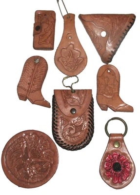 Vintage Leather Tooled Brown Keychain coin purse, key holder, coaster LOT - Image 1 of 2