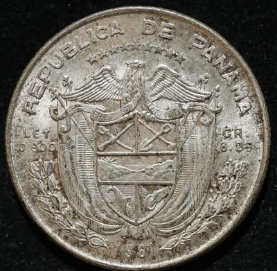 PANAMA 1961 25 cents Un Cuarto de Balboa (1/4) one year type  .900 Silver coin - Image 1 of 2