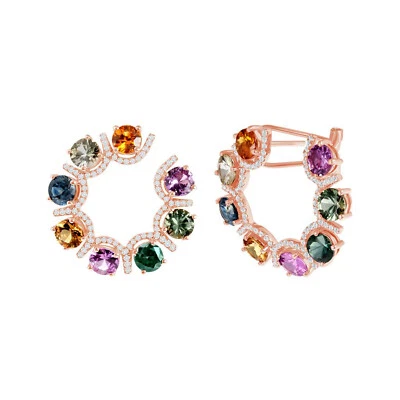 6.47 CT Multi Color Sapphire 0.92 CT Diamonds 14K Rose Gold Hoop Earrings - Image 1 of 4