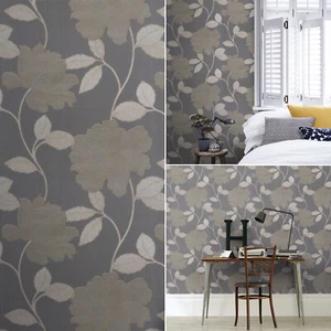 Grau Silber Gold Blumen Blatt strukturiert MURIVA FEATURE WAND Vinyl Tapete 701302 - Bild 1 von 7