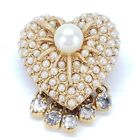 Vintage Hattie Carnegie Heart Pin Back Brooch W/ Seed Pearls &Dangle Rhinestones