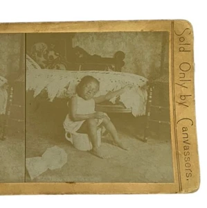 Antique Stereoscope Card Innocence Asleep Girl on Chamber Pot Photograph - Picture 1 of 3