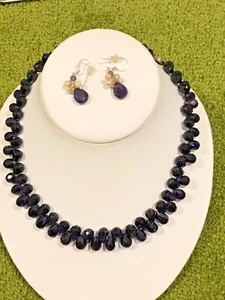 HANDCRAFTED GENUINE AMETHYST BRIOLETTE  NECKLACE EARRINGS 925 STERLING SET   - Picture 1 of 7