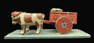 Primitiver Volkskunst Doppel Ochsenwagen Heuwagen Handarbeit - Bild 1 von 7