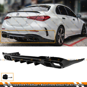 FOR 2022-24 C300 C43 AMG W206 C63 STYLE REAR DIFFUSER W/ BLK CHROME EXHAUST TIPS