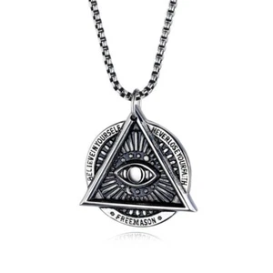 Mens Illuminati Masonic All Seeing Eye Pendant Necklace Stainless Steel - Picture 1 of 8