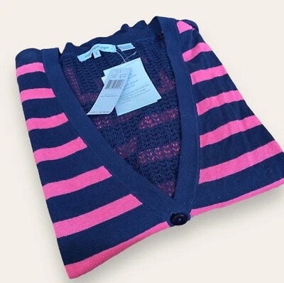 Eight Eight Eight Sweater Womens Large Blue Pink Stripe Cardigan Sheer Back NEW - Image 1 of 4