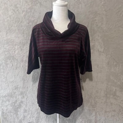 NWT $80 Talbots Short Sleeve Cowl Neck Velour Top S Purple Striped Button Detail - Image 1 of 4