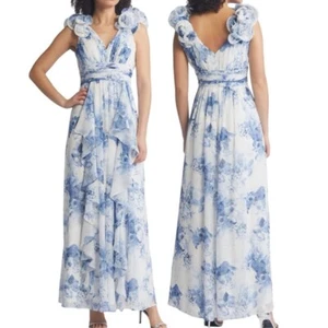 Eliza J Blue White Floral Ruffle Strap Maxi Flowy Spring Gown Prom Size 8 - Picture 1 of 15