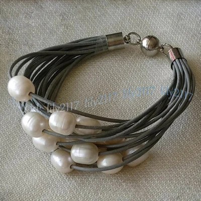 Pulsera de cuero 15 filas natural 10-11 mm multicolor arroz perla agua dulce 8"" Foto 1 de 4