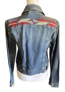 NEW LEVI'S "TUCKER" Classic Blue Denim Cropped Jean Jacket Red Tan Embroidery L - Picture 1 of 17