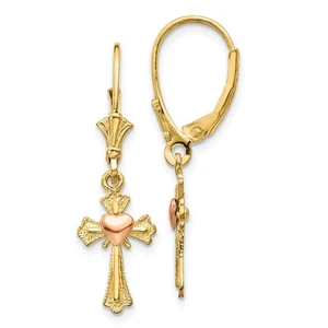 10k Two-tone Gold 32mm Heart on Cross Leverback Earrings - Picture 1 of 4