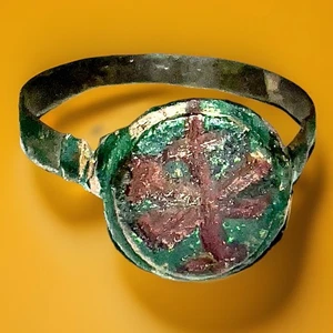 Ancient Roman Or Byzantine Bronze Chi rho Signet seal Ring  - Picture 1 of 2
