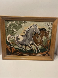 VTG Needlepoint of 2 Horses 20” X 16-1/2 Wood Framed, Large Wall Hanging - Picture 1 of 13