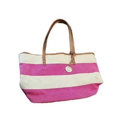 TOMMY HILFIGER Bolso de Hombro Náutico Preppy Rosa a Rayas Bolso de Mano Lona Logo Dije Foto 1 de 4