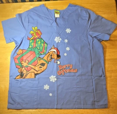 Scooby Doo "Rerry Giftmas" scrubs, Blue, XL, $5 ship, Buy any 2, $5 refund - Image 1 of 3