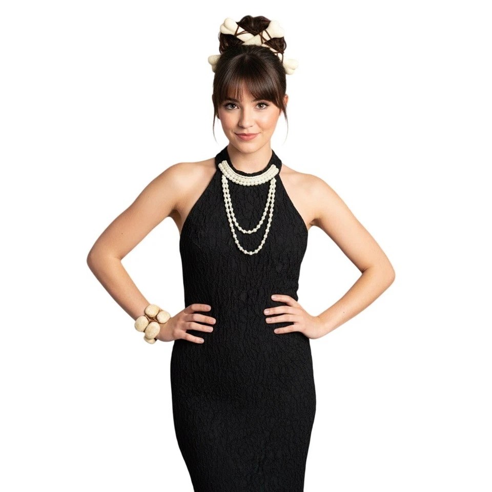 Vestido elástico Wilma Flintstone maxi coluna vintage Y2K M colar de pérolas falsas cosplay - Imagem 1 de 4