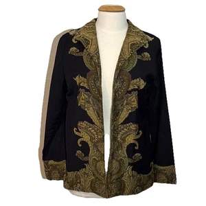 Vintage ANU Women’s Black Wool Jacket with Tapestry Trim Size Medium Boho - Picture 1 of 7