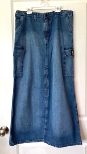 Y2K Ralph Lauren Womens Denim Maxi Skirt Sz 10 Cargo Slit Vtg Logo Patch - Picture 1 of 8