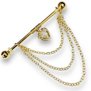 14g Gold IP White Sparkle Cz Dangle Chain Droplet Industrial Bar - Picture 1 of 4