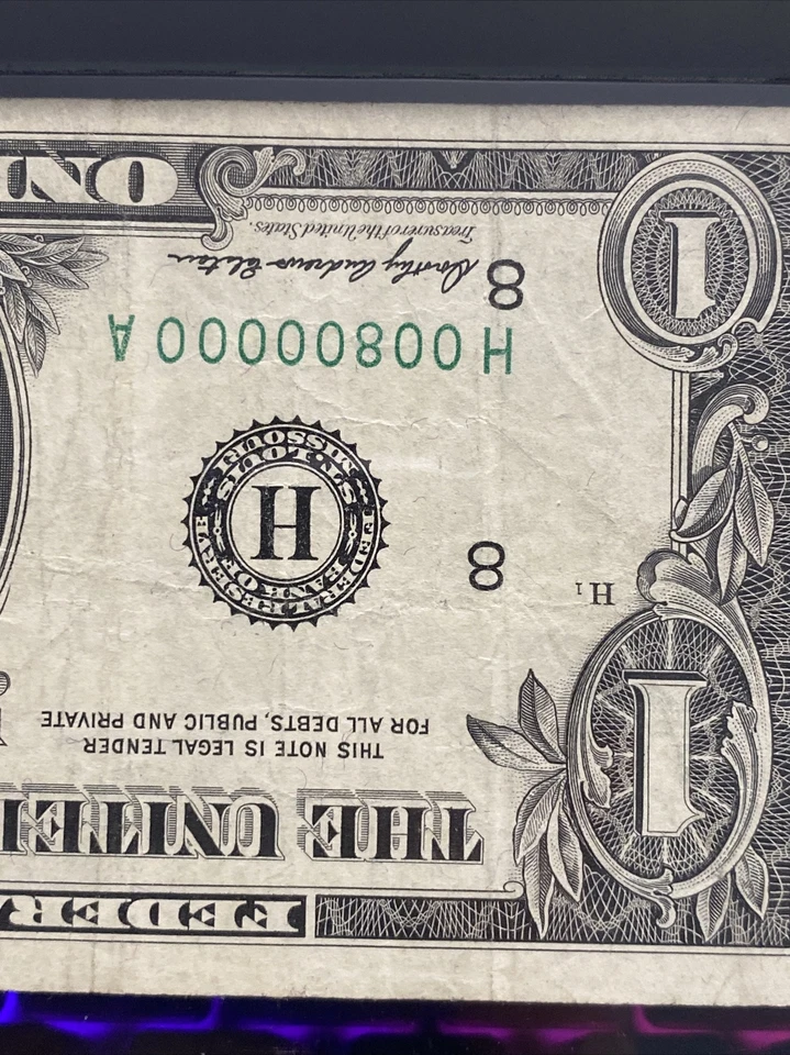 1969 $1 Federal Reserve Note - Super Low Binary Number #00800000 Top Rare！ - Image 1 of 3
