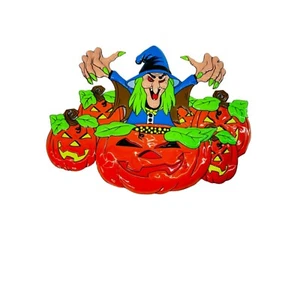 "Decoración de pared de bruja y calabazas de Halloween con forma de vacío de plástico brillante vintage 21""x17""" - Imagen 1 de 7