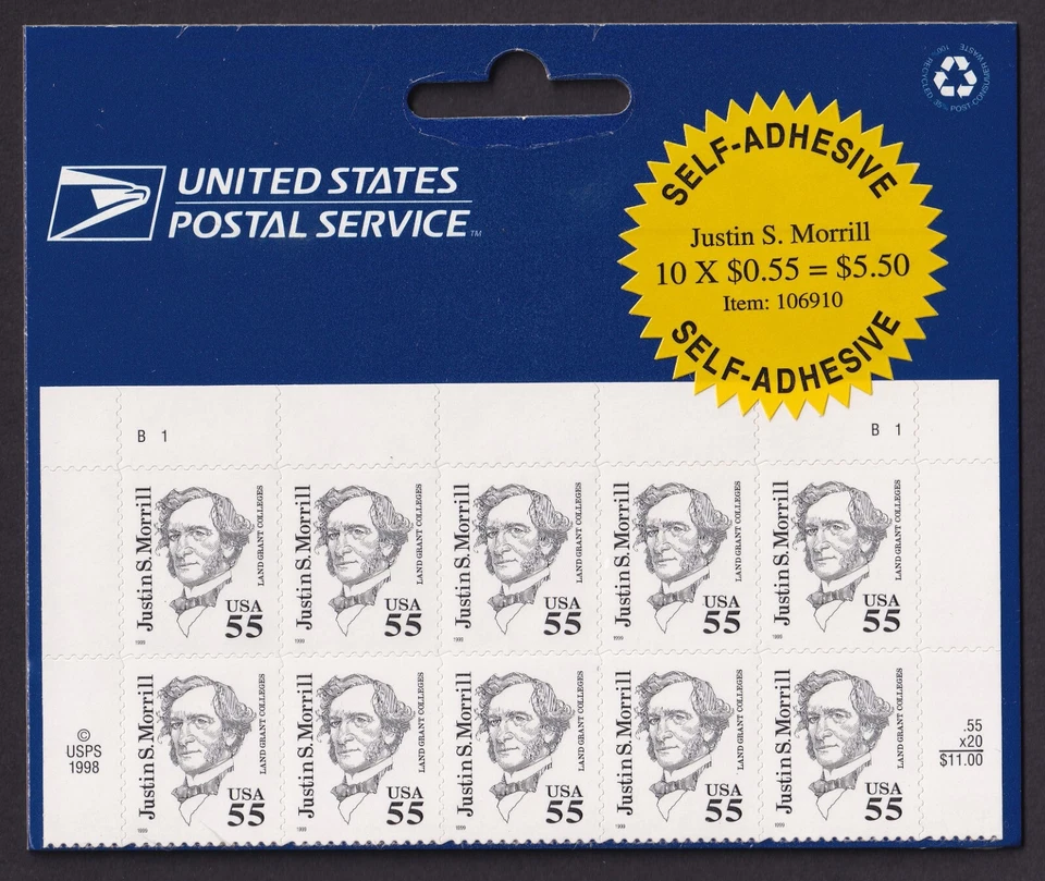Scott #2941 Justin S. Morrill (Vermont) Plate Block of 10 Stamps - Sealed - Image 1 of 2