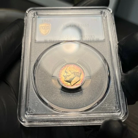 PR65 1960 10C Roosevelt Silver Proof Dime, PCGS Secure- Rainbow Toned Cover