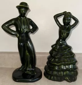 Flamenco Dancer MCM Pair California Pottery Dark Green Glaze Vintage - Picture 1 of 13