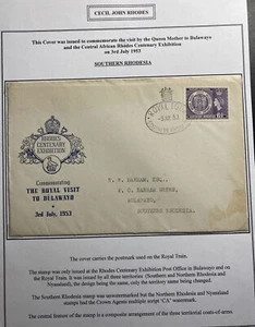 1953 Bulawayo Southern Rhodesia First Day cover   Centenary Exhibition Royal Vis - Picture 1 of 3