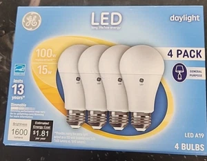 GE LED Daylight Light Bulbs 1600 Lumens A19 100 Watt Replacement 15 watt 4-Pack - Picture 1 of 3