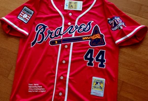 NEW! RED Atlanta Braves #44 Hank Aaron 2patch sewn SPECIAL EDITION Jersey MEDIUM - Picture 1 of 3