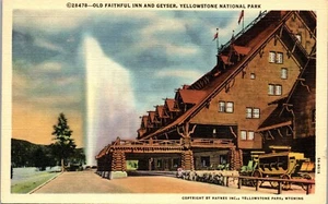 Postal de Yellowstone de lino de colección Old Faithful Inn Hote Geyser Haynes 28478 WY - Imagen 1 de 3