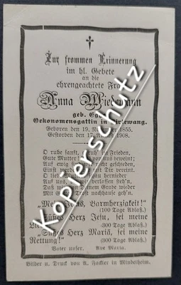 Totenzettel / Sterbebild / Andachtsbild, 1908, Dirlewang, Ökonomensgattin - Bild 1 von 2