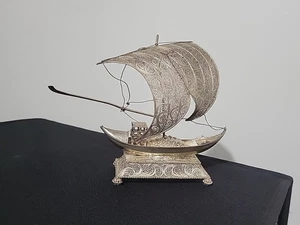 Antique Continental Sterling Silver Filigree Vermeil Nef Sail Ship Unknown Mark - Picture 1 of 24