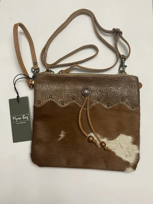 Myra #3401 Embossed Leather, Hairon 9.3"x8" Ornate Bag~Shoulder&Wristlet Straps - Image 1 of 4