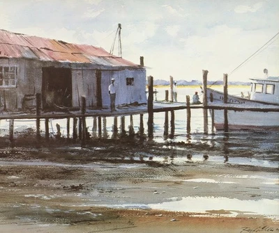 Imagen acuarela 1983 impresión vintage camarones descansan en el muelle Carolina del Sur Foto 1 de 3