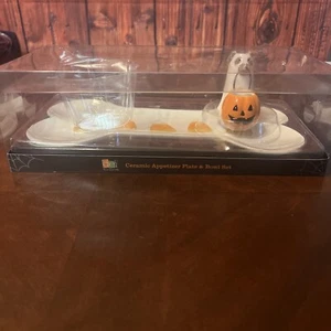 Dei Ceramic Appetizer Plate & Dip Bowl Bone Dog And Pumpkin Halloween Decor - Picture 1 of 8