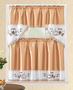 Modern Contemporary 3Pc Embroidered Home Kitchen Window Treatment Curtain Set (S - Picture 1 of 2