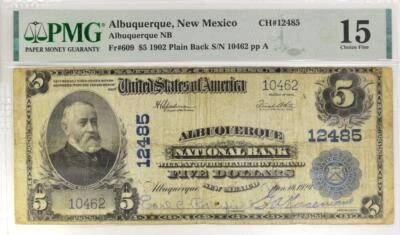 1902 $5 National Currency; Albuquerque National Bank, NM; PMG F-15; Scarce! - Image 1 of 2