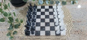 Handmade Gunmetal Black White Pearl Resin Chess Board Pieces Set, Games Toy Gift - Picture 1 of 6