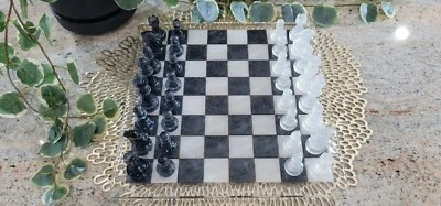 Handmade Gunmetal Black White Pearl Resin Chess Board Pieces Set, Games Toy Gift - Image 1 of 4
