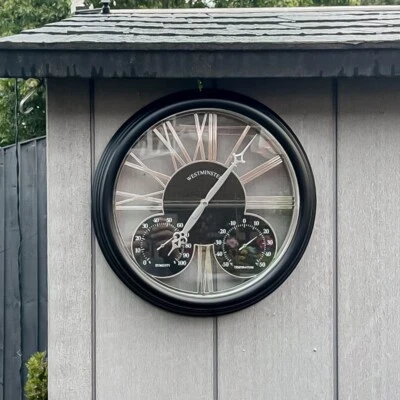 Large Garden Wall Clock Battery Operated Quartz Round Thermometer Hygrometer 14' - Image 1 of 4