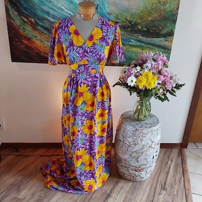 Maxi Vestido Vintage Años 70 Flor Hawaiana BRILLANTE Imperio Mod Manga Acampanada Talla 12 Foto 1 de 4