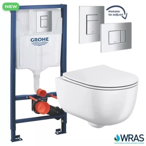 Rimless Wall Hung Toilet Pan Grohe Wc Frame 1.13 Flush Plate Slim Seat Soft Clos - Picture 1 of 5