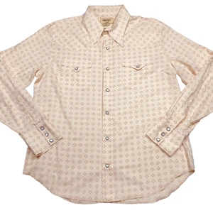 90s BDG Western Shirt Men L Tan Ditsy Dot Pearl Snap Point Collar Cowboy Retro - Picture 1 of 15