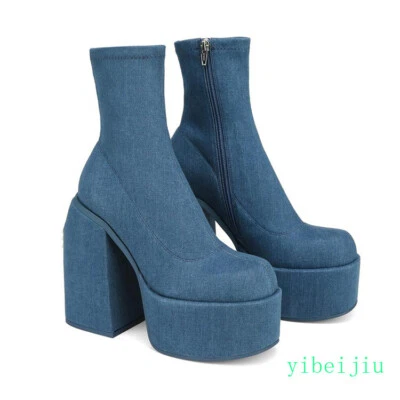 Botas jeans femininas salto alto plataforma salto bloco tornozelo sapatos cavaleiro ocidental tamanho pequeno - Imagem 1 de 4