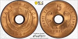 1964 British East Africa 5 Cents, PCGS MS66RD [Pop 3] - Picture 1 of 1